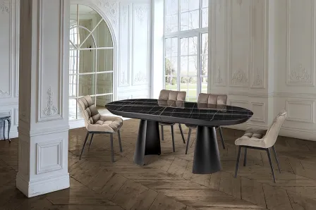 Mesa de jantar extensível Capri mármore com tampo oval preto e bases pedestal