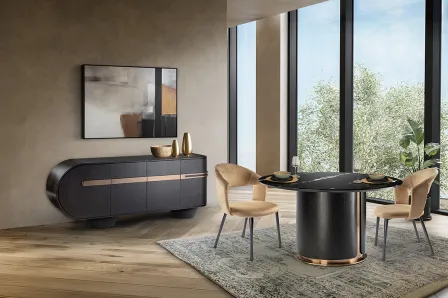 Mesa de jantar Luca com tampo em mármore preto e base cilíndrica com detalhes em ouro rosa