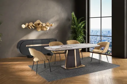 Mesa de jantar Luca ouro rosa com tampo marmoreado e quatro cadeiras estofadas