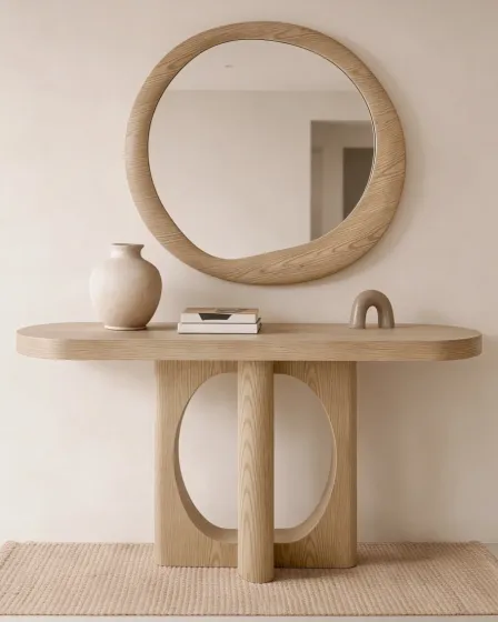 Consola Laysa em madeira clara com espelho redondo e vaso decorativo