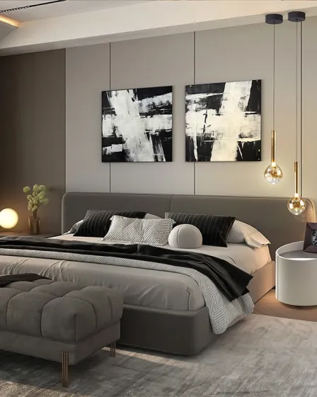 Mesa de cabeceira Iza caqui redonda ao lado de cama moderna com candeeiros pendentes