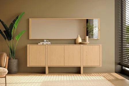 Aparador dual em madeira clara com pés e espelho horizontal