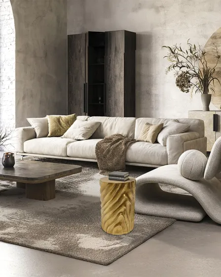 Mesa de apoio Torsa dourada com relevo ondulado numa sala moderna