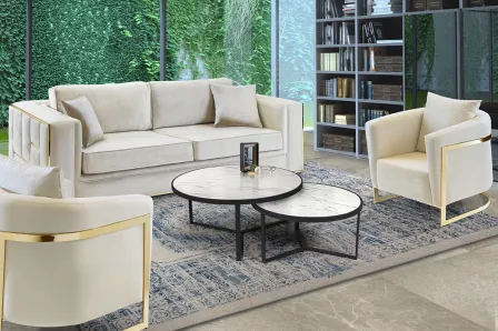 Conjunto de duas mesas redondas com tampo branco marmoreado e estrutura metálica preta