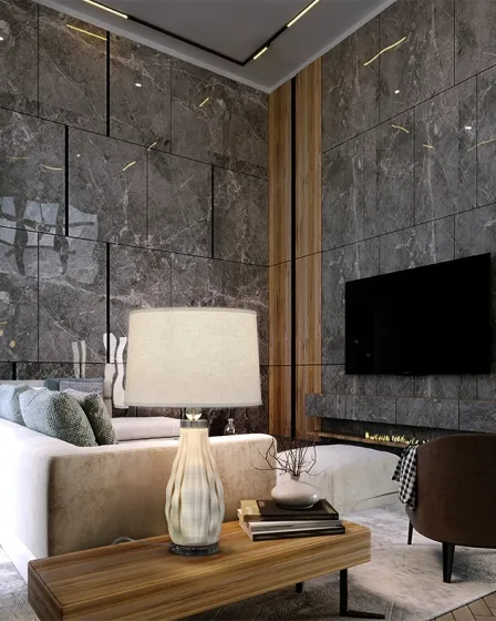 Candeeiro de mesa Tessa com base cerâmica branca e abajur retangular em sala moderna