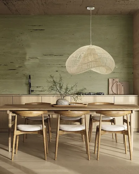 Candeeiro de teto Sabah pendente em palha sobre mesa de jantar rústica
