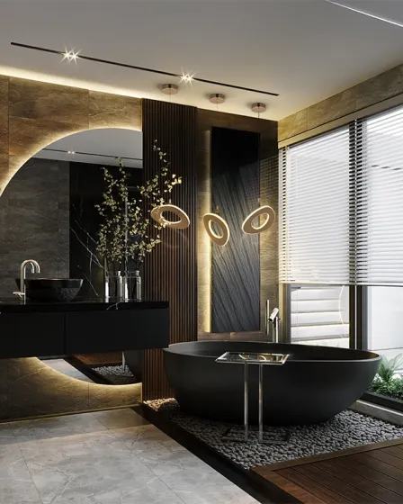 Candeeiro suspenso Mirena com três anéis dourados sobre banheira em casa de banho moderna