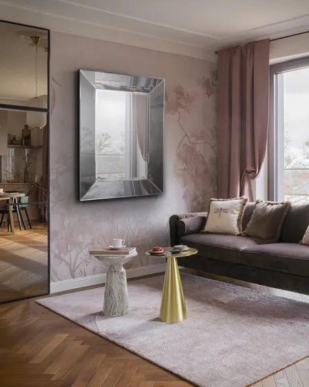 Espelho Roma Smoke Peq. retangular na parede de uma sala com sofá, cortina e mesas de apoio