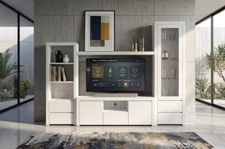 Estante MJB New branca com nicho para TV, prateleiras e vitrina de vidro