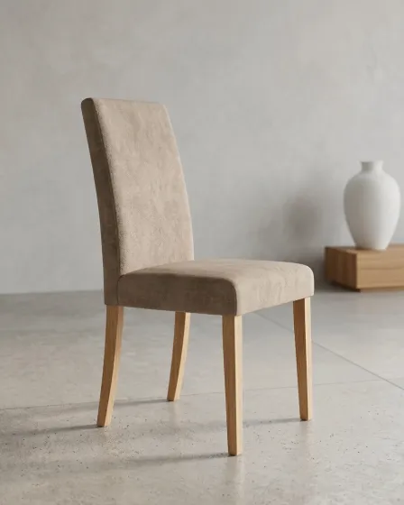 Cadeira MJB New estofada bege com pernas de madeira natural