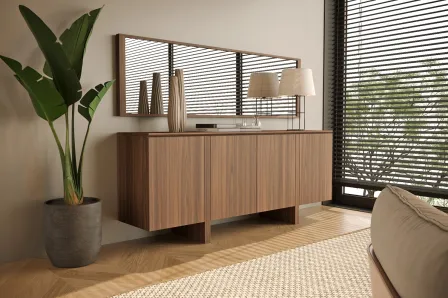 Aparador Dual New em madeira com espelho, candeeiro e vaso decorativo