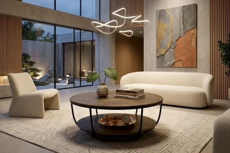 Mesa de centro Delhi redonda em madeira escura com prateleira inferior, em sala moderna