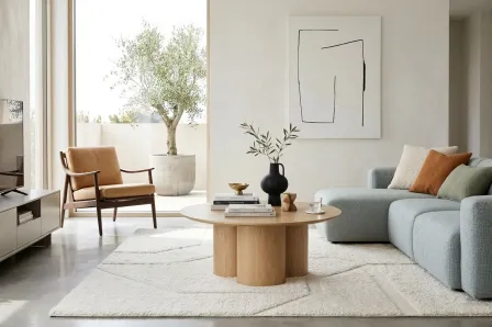 Mesa de centro lua 3 pés redonda em madeira clara numa sala de estar minimalista