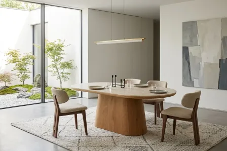 Mesa de jantar carvalho com tampo cerâmico travertino e base cónica, com cadeiras