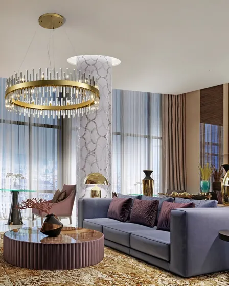 Candeeiro de teto Grace 26L dourado em anel com cristais sobre sala moderna