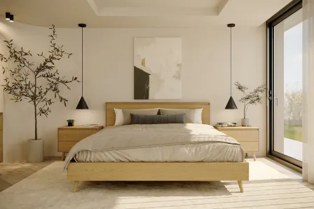 Cama de casal nórdica com pés em madeira clara com duas mesas de cabeceira