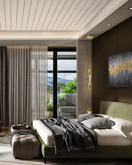 Candeeiro suspenso Twist dourado junto à cabeceira de quarto moderno