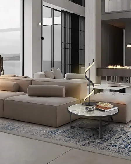 Candeeiro de mesa boa LED em espiral sobre mesa de centro numa sala moderna