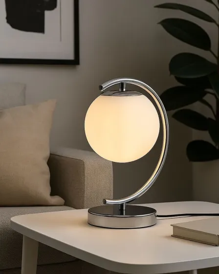 Candeeiro de mesa com bola de vidro e estrutura metálica curva sobre cómoda branca