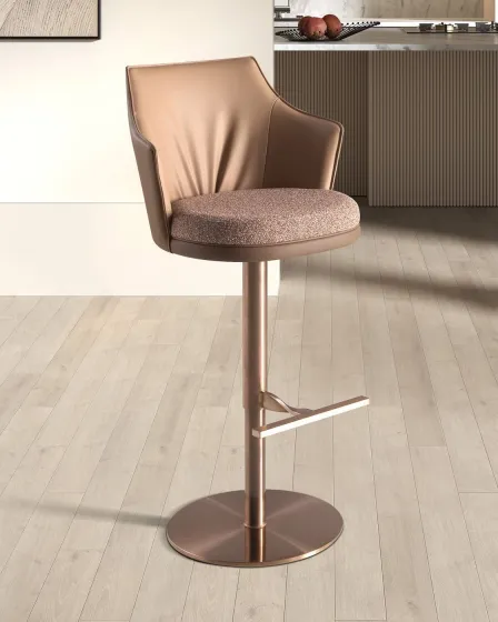 Banco para ilha Dinar ouro rosa com assento acolchoado e base metálica circular