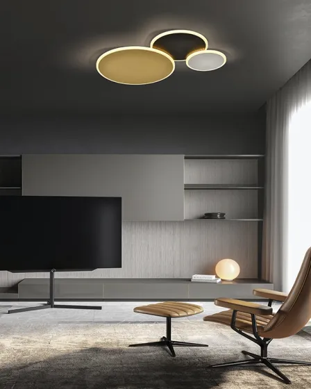 Plafon Umbra de três discos LED suspenso no teto de sala moderna