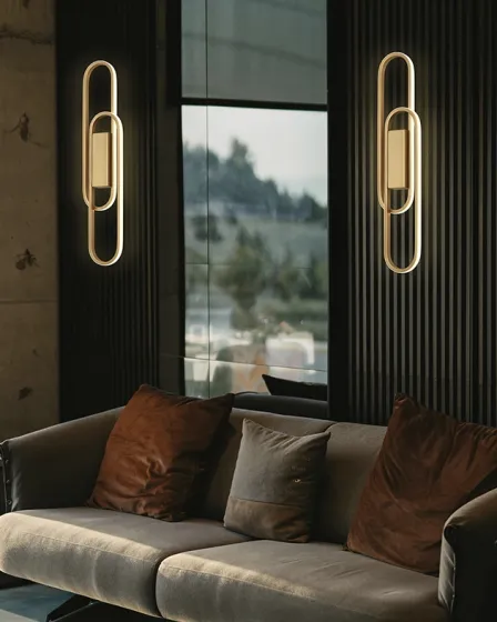 Aplique Odele par de lâmpadas verticais douradas com anéis LED de luz quente