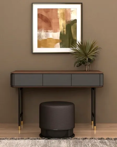 Consola Cátia em madeira escura com banco redondo estofado e quadro