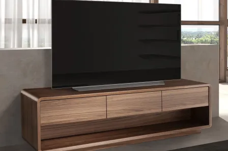 Móvel TV Tauro em madeira com três gavetas e prateleira aberta