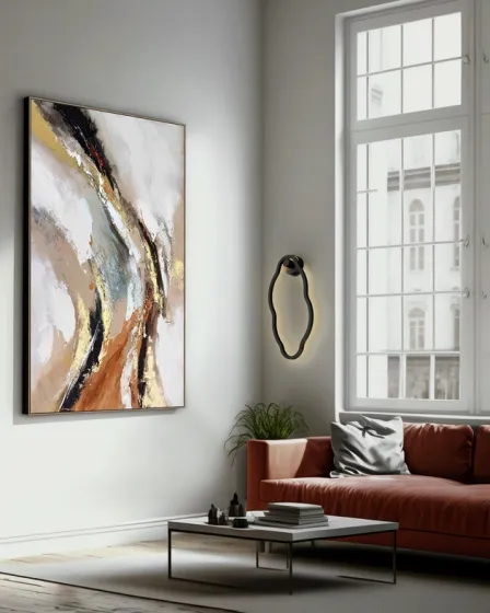 Aplique Tono metálico escuro numa sala com sofá vermelho e quadro abstrato