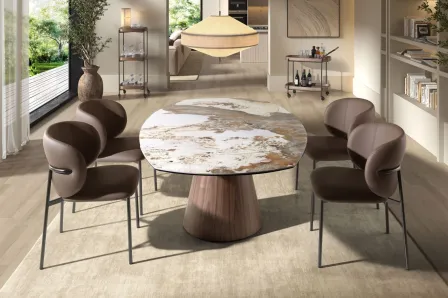 Mesa de jantar extensível Solti com tampo oval em mármore e base cónica de madeira