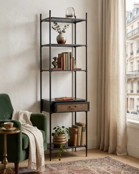 Livreiro Trivol estante alta de metal com prateleiras de madeira, gaveta de vime e livros