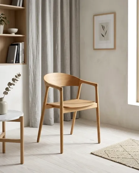 Cadeira Vitaro em madeira clara com braços e assento curvo em sala luminosa