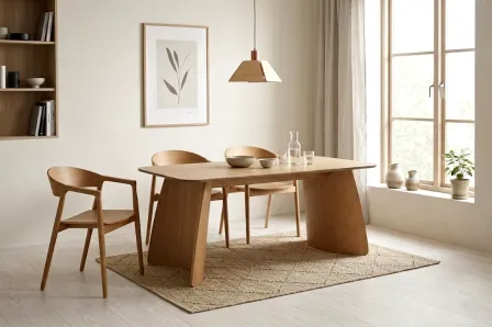 Mesa de jantar Vitaro em madeira clara com duas cadeiras e candeeiro pendente