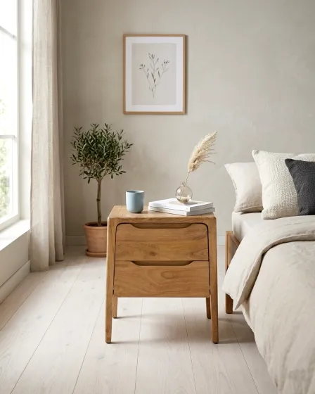 Mesa de cabeceira Lamira em madeira clara com duas gavetas junto à cama