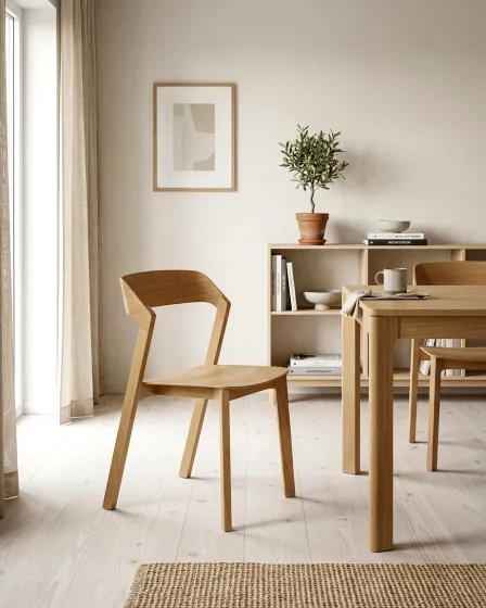 Cadeira Vitaro Reta em madeira clara junto a mesa e aparador minimalista