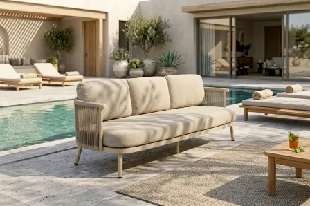 Sofá de jardim Sabbia bege junto à piscina