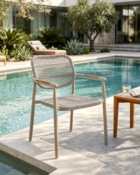 Cadeira de jardim Sabbia em corda bege junto a piscina
