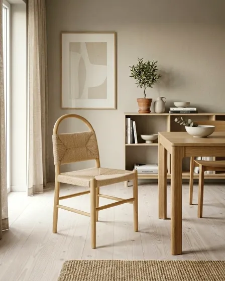 Cadeira Vilta em madeira clara com encosto trançado e assento estofado junto a mesa