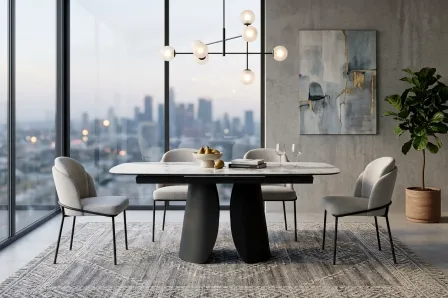 Mesa extensível Filar com tampo oval branco e base escura, cadeiras cinza.