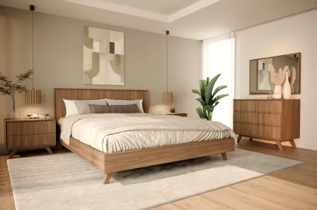 Quanto de Casal Lima cama de madeira carvalho com roupa bege, mesa de cabeceira e planta