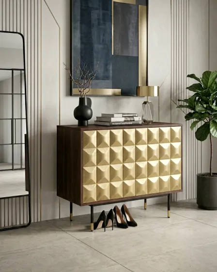 Sapateira Luxar com frente dourada geométrica e sapatos em frente