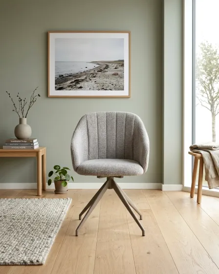 Cadeira giratória Bilta cinzenta estofada com base metálica em madeira clara