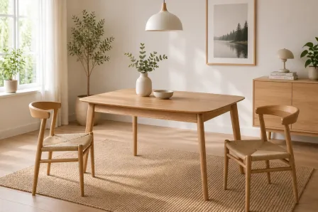 Mesa extensível Kenna em madeira clara com tampo arredondado e vaso decorativo