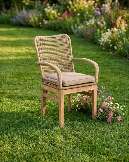 Cadeirão de jardim Atesso em rattan sintético, almofada bege e pernas em madeira
