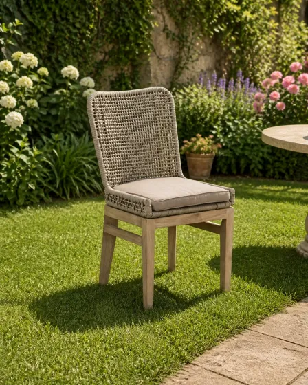 Cadeira de jardim Atesso com estrutura em madeira, encosto trançado e almofada bege