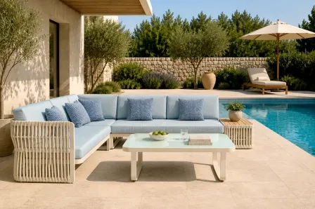 Sofá canto de jardim Cires azul junto à piscina com mesa de centro