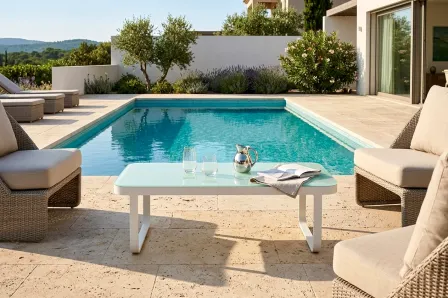 Mesa centro de jardim Cires branca junto à piscina com jarra, copos e revista