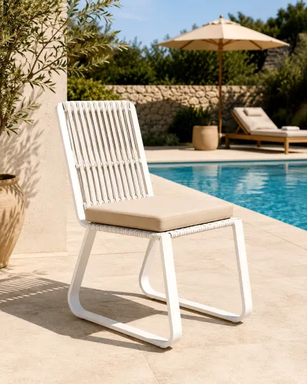 Cadeira de jardim Cires branca com almofada junto à piscina