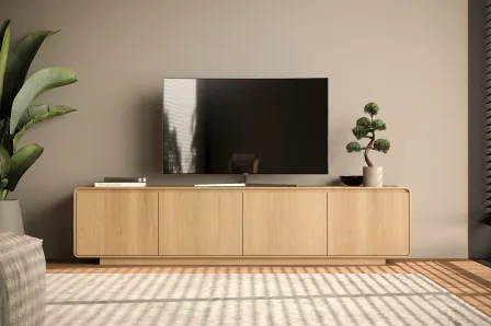 Móvel TV Tivoli em madeira com televisão e vaso bonsai