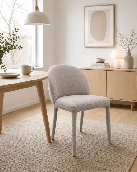 Cadeira cinzenta estofada moderna junto a mesa de madeira numa sala luminosa